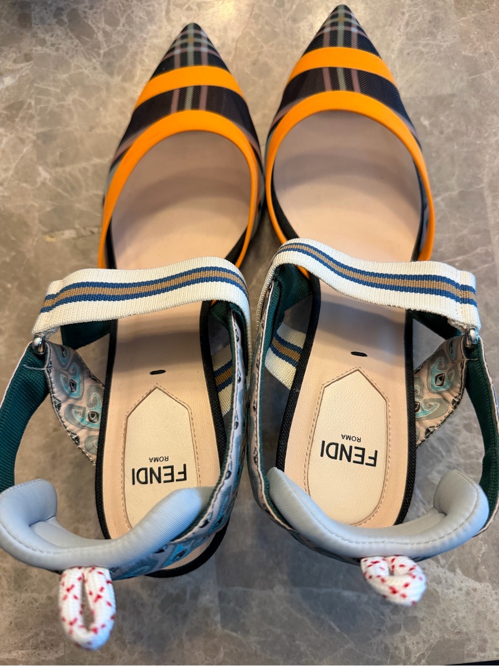 Fendi Women’s Orange Plaid Pointed-Toe Strap Kitten Heels